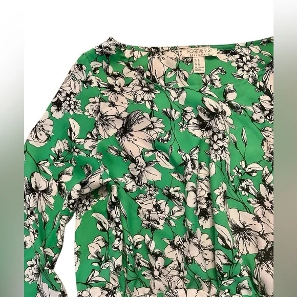 Forever 21 Essentials Long Sleeve Floral Top Womens Size Medium - Green - Picture 3 of 3
